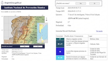 Informe técnico con mapa del noroeste argentino donde se marca el epicentro de un sismo, junto a tablas con datos de magnitud e intensidad.