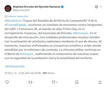 Tres soldados profesionales resultaron heridos durante el enfrentamiento por la detonación de artefactos explosivos lanzados desde drones - crédito @Ejercito_Div7/X