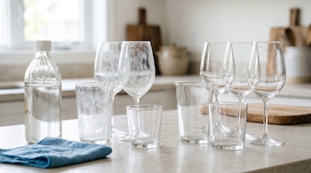 Vasos y copas de vidrio, algunos opacos y otros limpios, junto a una botella transparente y un paño azul sobre una encimera de cocina.