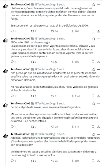 Temblores ONG advirtió sobre falta de evidencia que muestre los efectos del Decreto 1368 de 2026 en Colombia - crédito @TembloresOng/X