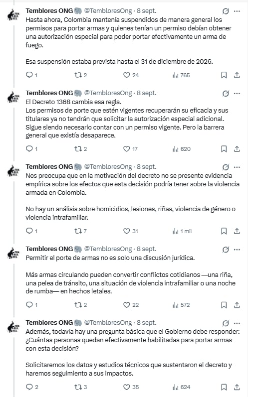 Temblores ONG advirtió sobre falta de evidencia que muestre los efectos del Decreto 1368 de 2026 en Colombia - crédito @TembloresOng/X
