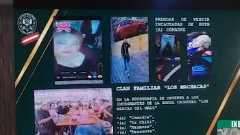 Una pantalla exhibe el emblema de la Policía de Perú, una mujer, un hombre caminando, ropa incautada y un grupo de personas en una mesa