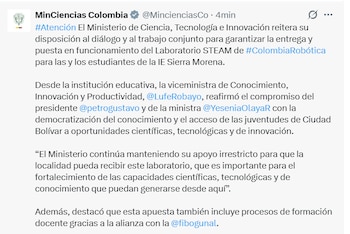 Yesenia Olaya, ministra de Ciencia, relacionó la negativa con una falta de voluntad política para democratizar el acceso a tecnología Stem en zonas vulnerables - credito Miniterio de Ciencia/X