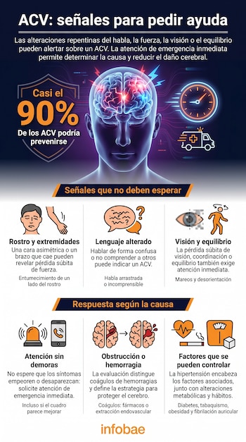 Infografía con texto, una ilustración de un cerebro iluminado, un reloj, una ambulancia e íconos sobre los síntomas del accidente cerebrovascular.