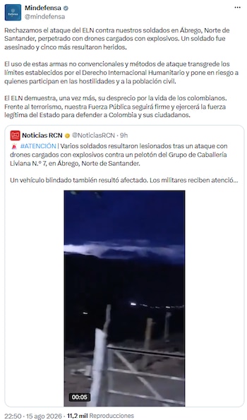 El Ministerio de Defensa reafirma respaldo a la Fuerza Pública tras ataque del ELN en Norte de Santander- crédito @mindefensa/X