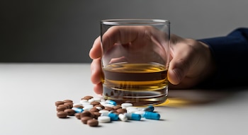 Mano de persona adulta sostiene un vaso de whisky con líquido dorado. Varias pastillas y cápsulas blancas, marrones y azules están dispersas sobre una mesa blanca.