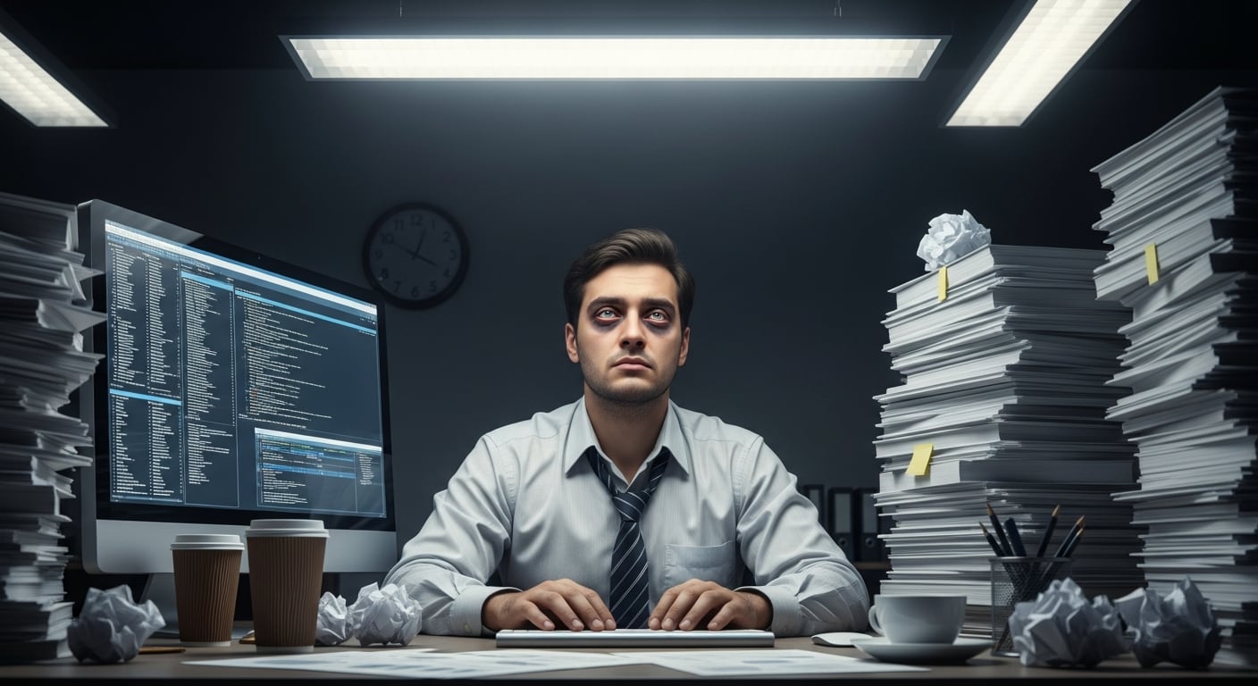 Un trabajador agotado, con evidentes ojeras y aspecto desalineado, se sienta frente a su pantalla de ordenador, rodeado de montones de documentos en una oficina con poca luz. (Imagen Ilustrativa Infobae)