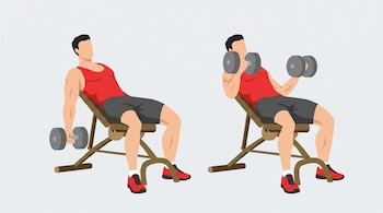 Dos ilustraciones de un hombre realizando curl de bíceps con mancuernas en un banco inclinado, mostrando las fases de estiramiento y contracción.