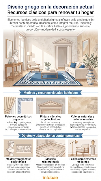 Infografía: título, sala con alfombra de greca, busto, sofá y plantas. Seis recuadros: greca, frontón pintado, pared texturizada, busto, mosaico, sillón. Fuente Infobae.