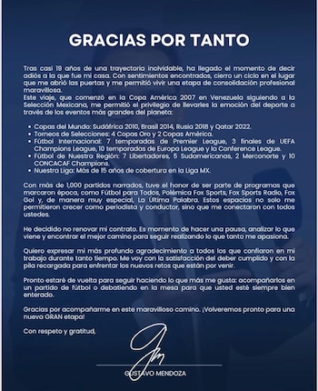 El periodista decidió no renovar su contrato, finalizando un ciclo de 19 años en la cadena de Manuel Arroyo (X@GusMenTV)