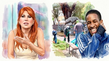 Ilustración acuarela de Magaly Medina hablando y Jefferson Farfán riendo, con personas realizando trabajo comunitario al fondo.