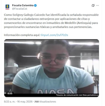 La Fiscalía compartió la identidad de la mujer detenida en Medellín - crédito @FiscaliaCol/X