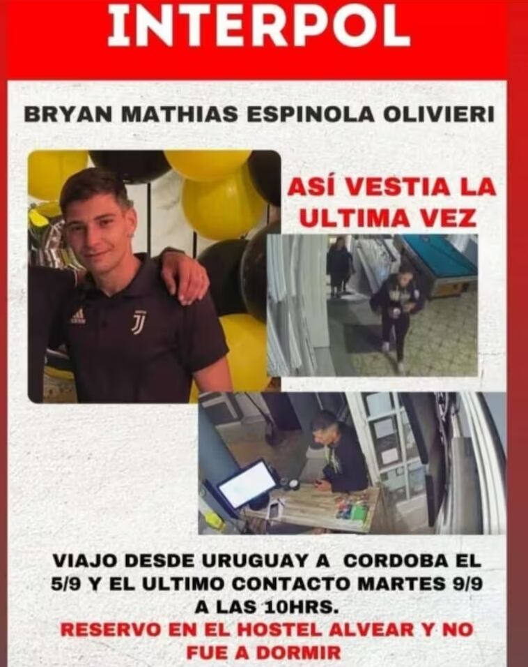 La circular roja que había difundido Interpol para dar con Bryan Mathias Espínola Olivieri.