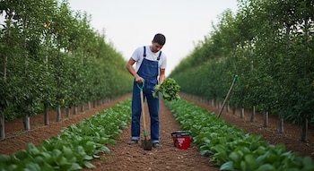Hombre joven sostiene vegetales verdes y una pala; un cubo rojo está en el suelo entre hileras de plantas verdes y árboles.