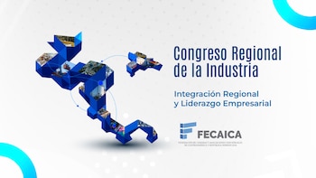 Mapa geométrico azul con imágenes industriales en su interior y conexiones de puntos y líneas. Texto: Congreso Regional de la Industria, FECAICA