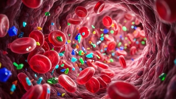 Glóbulos rojos con forma de disco y pequeñas partículas angulares de colores en el interior de una estructura tubular rosada