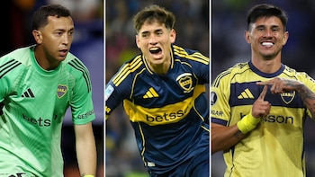 Tríptico fotográfico de tres futbolistas con camisetas de color verde, azul y amarillo del club Boca Juniors