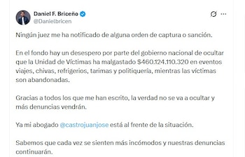 Daniel Briceño rechazó las versiones que apuntan a una supuesta orden de captura en su contra por un proceso relacionado con Gloria Cuartas - crédito @Danielbricen/X
