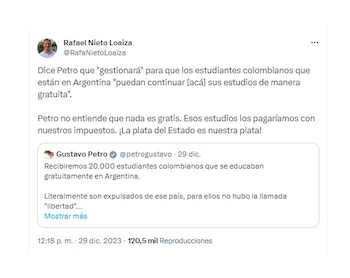 El exviceministro del Interior criticó la propuesta del presidente Petro sobre repatriar 20.000 estudiantes colombianos de Argentina - crédito @RafaelNietoLoaiza/X