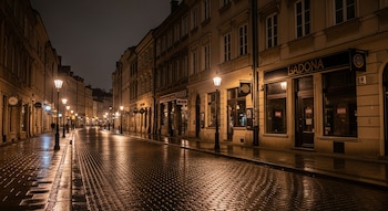 Vista de una calle adoquinada mojada en Varsovia de noche, flanqueada por edificios con escaparates y farolas encendidas, con reflejos en el suelo.