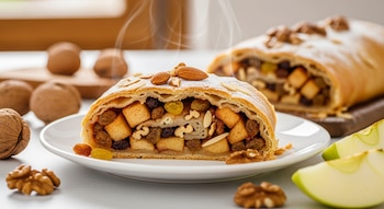 Rebanada de strudel con relleno visible de manzanas, pasas, almendras y nueces en plato blanco. Strudel entero y trozos de manzana al fondo.