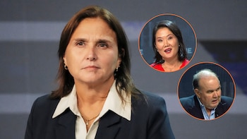 Marisol Pérez Tello en primer plano, con insets circulares de Keiko Fujimori y Rafael López Aliaga a la derecha, todos en un fondo gris de panel