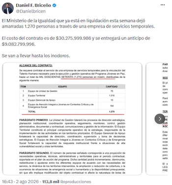 El representante Daniel Briceño divulgó apartes del contrato y cuestionó la vinculación de 1.270 personas mediante una empresa de servicios temporales. - crédito @Danielbricen/X