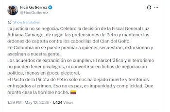 Fico Gutiérrez afirmó que “la justicia no se negocia” y que “los acuerdos de extradición se cumplen” - crédito @FicoGutierrez/X