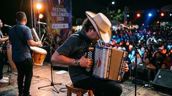 Un hombre con sombrero toca un acordeón azul en un escenario iluminado, con un pendón del Festival Vallenato 2024 de fondo.