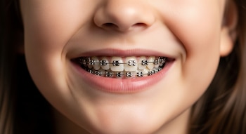 Primer plano de la boca y barbilla de un niño sonriendo, mostrando sus dientes superiores e inferiores con aparatos de ortodoncia metálicos.