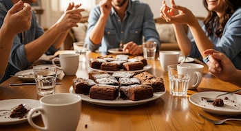 Primer plano de brownies en platos blancos sobre una mesa de madera, rodeados de manos, vasos con agua y tazas, indicando una reunión social.