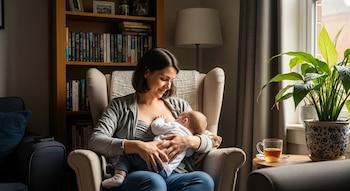 Una mujer amamanta a su bebé sentada en un sillón, con una manta, una estantería llena de libros, una lámpara, una planta y una taza de té visibles.