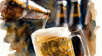 Ilustración en acuarela: una botella vierte cerveza dorada y espumosa en una jarra de cristal. Fondo suelto y abstracto con tonos oscuros y ocres.