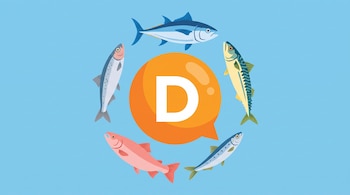 Ilustración plana con burbuja de diálogo naranja y la letra D blanca, rodeada por atún, caballa, sardina, salmón y arenque sobre fondo celeste.