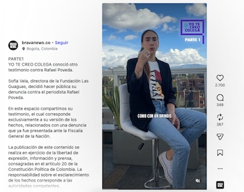 La denuncia de Sofía Vela contra Rafael Poveda reabrió el debate sobre el acoso y la violencia sexual en los medios de comunicación de Colombia - crédito captura de pantalla Brava News/IG
