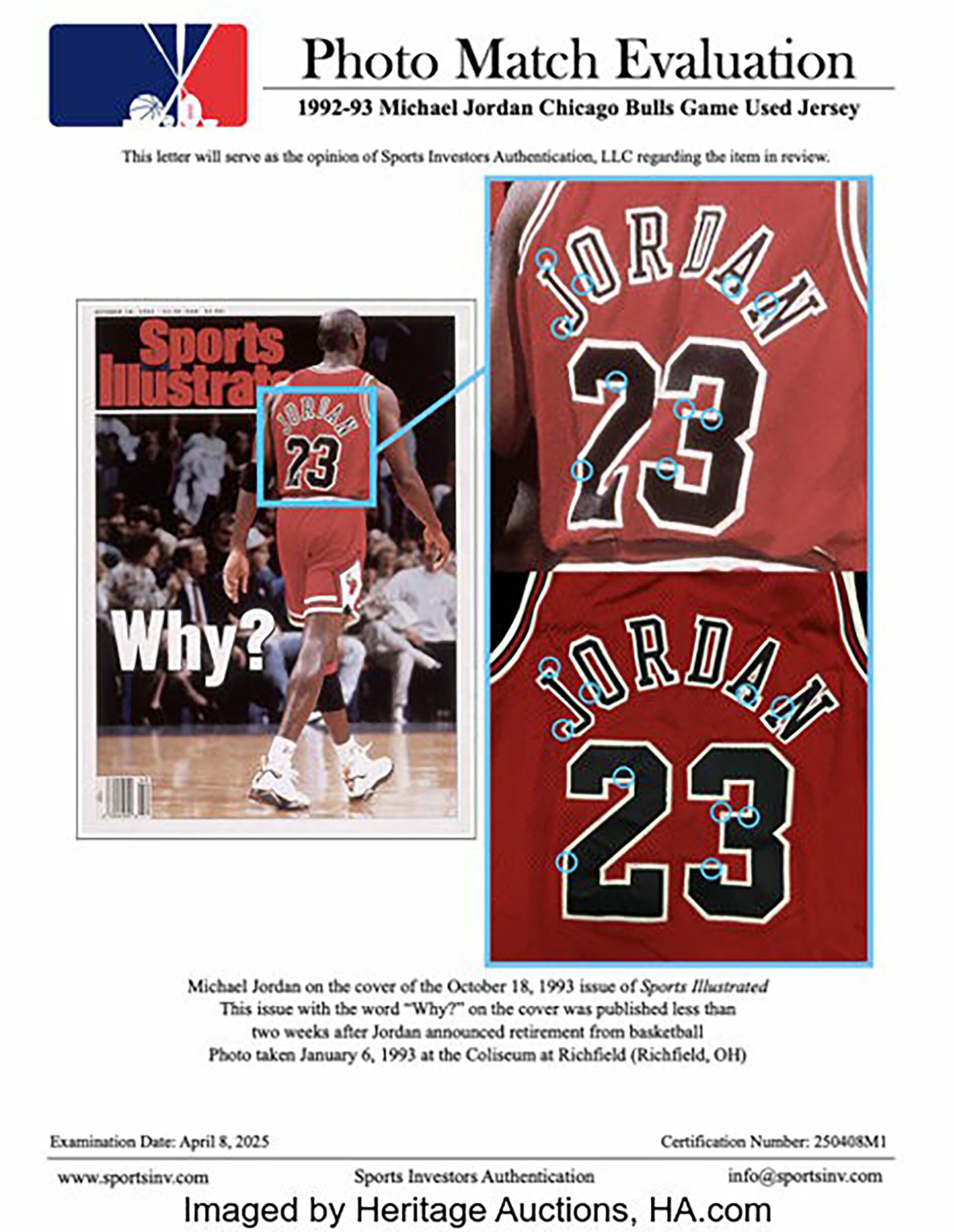 Las comparaciones de la camiseta que usó Jordan con la portada de Sports Illustrated (Heritage Auctions)