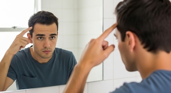 Hombre joven con camiseta azul frente a un espejo, tocando su frente con el dedo índice; se observa la parte posterior de su cabeza y un azulejo blanco.