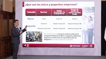 Un hombre en traje sostiene un micrófono junto a una pantalla proyectada que muestra una tabla comparativa sobre micro y pequeñas empresas.