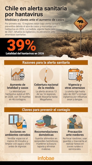 Infografía con título, texto sobre letalidad del 39%, letrero con ratón y riesgo biológico, mapa de Chile, calendario, íconos de prevención y logo Infobae.