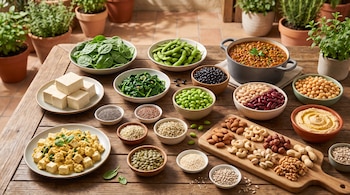 Recipientes en una mesa de madera contienen tofu, espinaca, edamame, legumbres, semillas variadas y frutos secos dispuestos sobre una tabla.