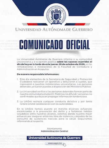 Documento con el escudo de la Universidad Autónoma de Guerrero, el título Comunicado Oficial y párrafos de texto explicativo