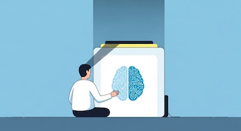 Ilustración de una persona sentada frente a una caja luminosa con el símbolo de un cerebro digital, con una sombra proyectándose desde la caja hacia su cabeza.