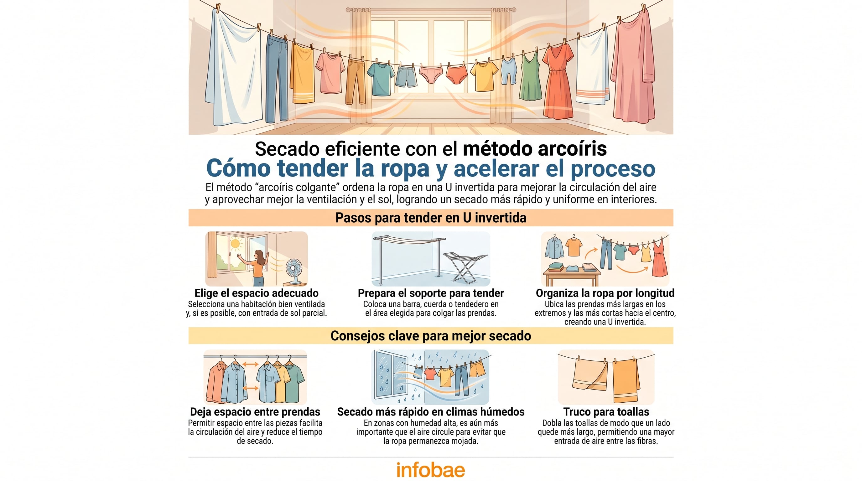 Una infografía de Infobae detalla el método arcoíris para tender la ropa en forma de U invertida, aprovechando la circulación del aire para un secado más rápido. (Imagen Ilustrativa Infobae)