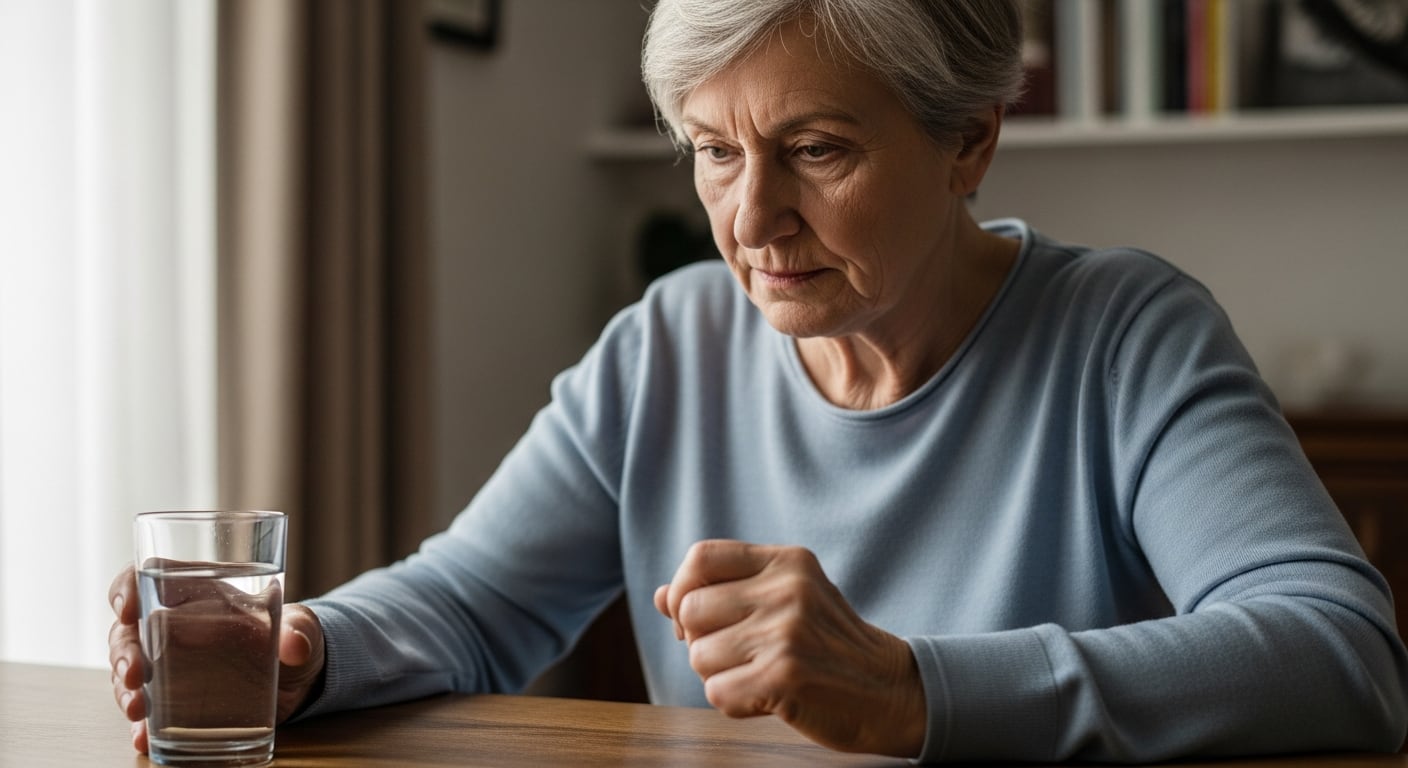 Una mujer mayor con Parkinson mira un vaso de agua, reflejando las dificultades cotidianas que enfrenta debido a la enfermedad. (Imagen Ilustrativa Infobae)