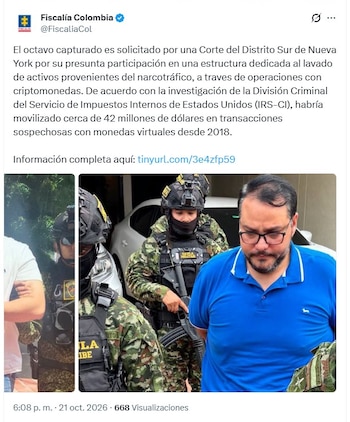En en hilo de X que compartió la Fiscalía sí aparece el octavo detenido que dejó la serie de operativos en Atlántico, Cundinamarca y La Guajira: el empresario barranquillero Nassim Orfale Vásquez - crédito @FiscaliaCol/X