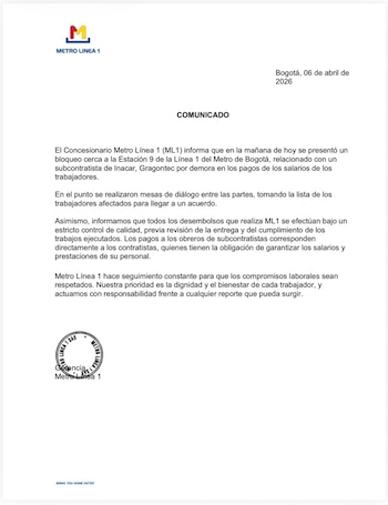 El concesionario Metro Línea 1 identificó que los atrasos salariales provinieron de un subcontratista de Inacar, Gragontec, responsable directo de los pagos a obreros - crédito Metro de Bogotá