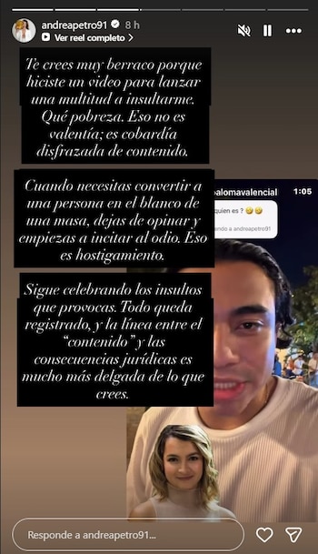 La hija del mandatario acusó a Sergio Cáceres de utilizar la polémica para obtener visibilidad en plataformas digitales - crédito @andreapetro91/Instagram