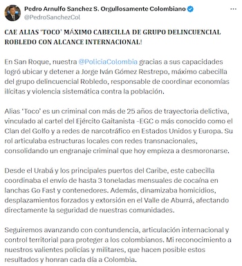 El Ministro de Defensa confirmó la captura de alias ‘Toco’, cabecilla del grupo Robledo, responsable de narcotráfico y violencia en Medellín. - crédito @PedroSanchezCol/X