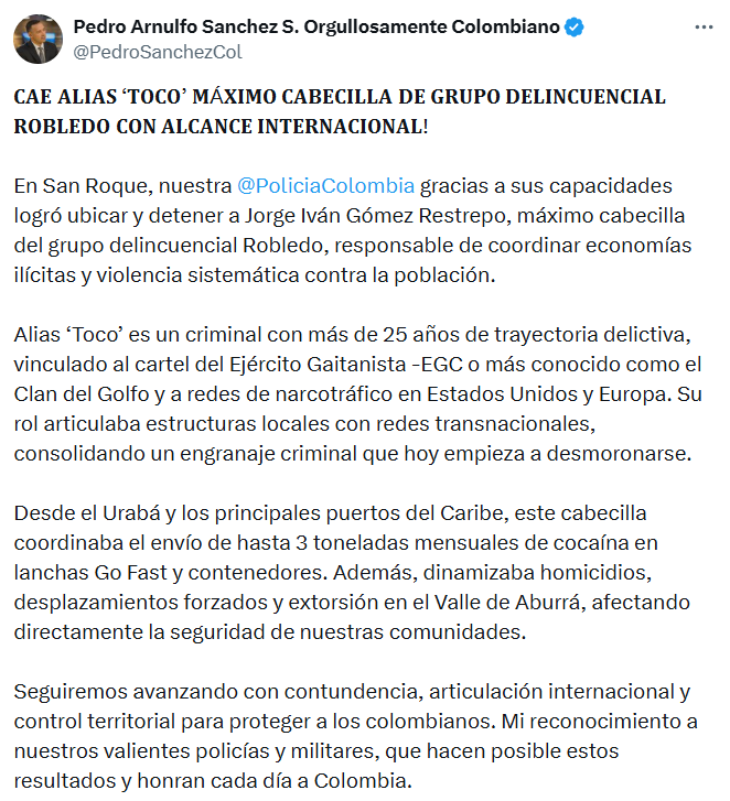 El Ministro de Defensa confirmó la captura de alias ‘Toco’, cabecilla del grupo Robledo, responsable de narcotráfico y violencia en Medellín. - crédito @PedroSanchezCol/X