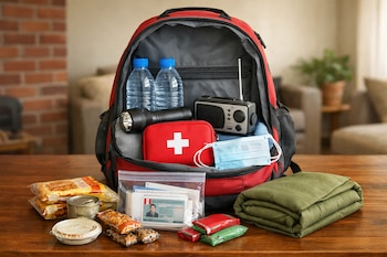 Mochila roja abierta con dos botellas de agua, linterna, radio, botiquín, mascarilla, documentos, alimentos no perecibles y una manta doblada.